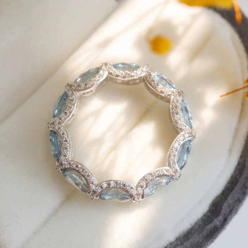 Lunara X Lustrous Oval Cut Aquamarine Blue Wedding Ring In 925 Sterling Silver