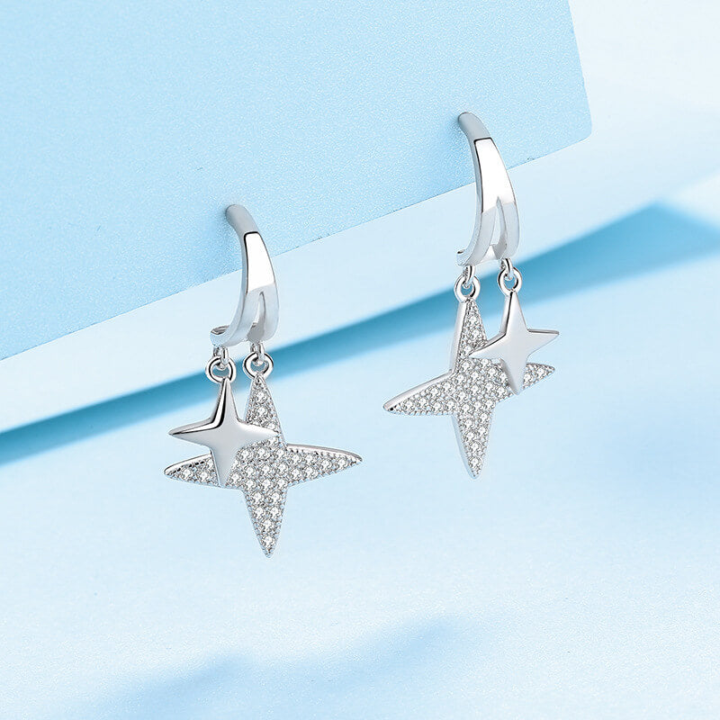 Star Shape Drop Earrings with White Gold Plating and Moissanite, 925 Sterling Silver