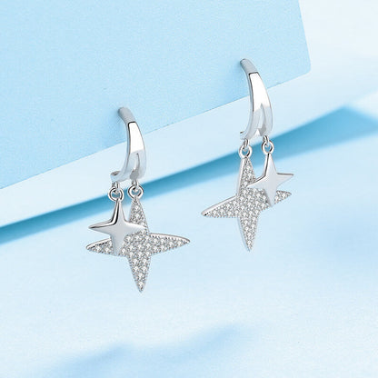 Star Shape Drop Earrings with White Gold Plating and Moissanite, 925 Sterling Silver