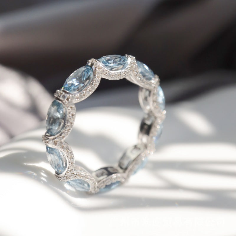 Lunara X Lustrous Oval Cut Aquamarine Blue Wedding Ring In 925 Sterling Silver