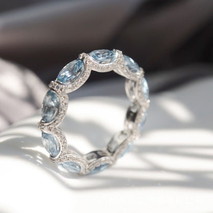 Lunara X Lustrous Oval Cut Aquamarine Blue Wedding Ring In 925 Sterling Silver