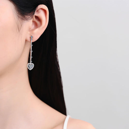 Heart Cut Moissanite Drop Earrings in White Gold Plating, 925 Sterling Silver