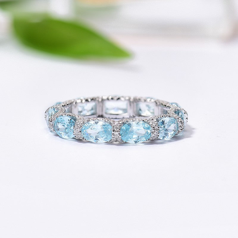 Lunara X Lustrous Oval Cut Aquamarine Blue Wedding Ring In 925 Sterling Silver