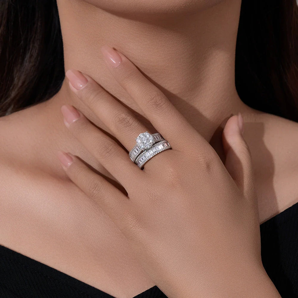 Sculpted Round Cut 2.0ct Pave Ring Sets In Sterling Silver