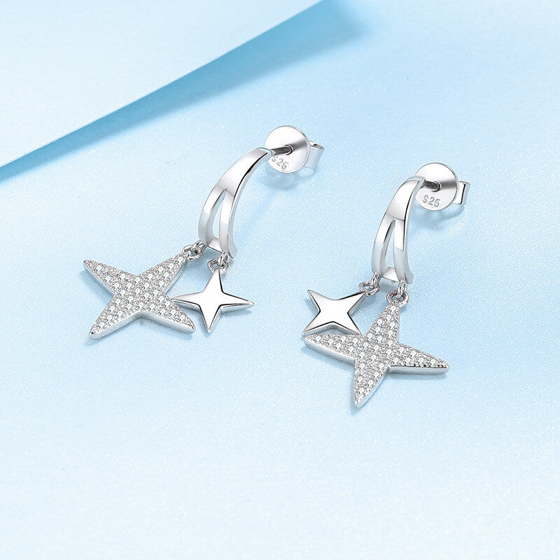 Star Shape Drop Earrings with White Gold Plating and Moissanite, 925 Sterling Silver