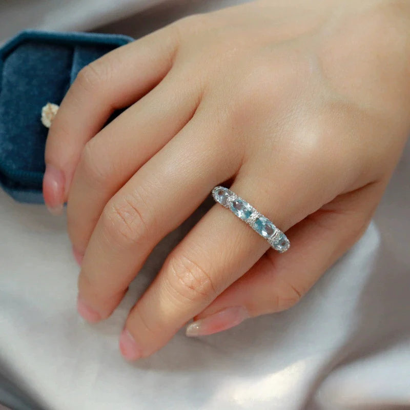 Lunara X Lustrous Oval Cut Aquamarine Blue Wedding Ring In 925 Sterling Silver