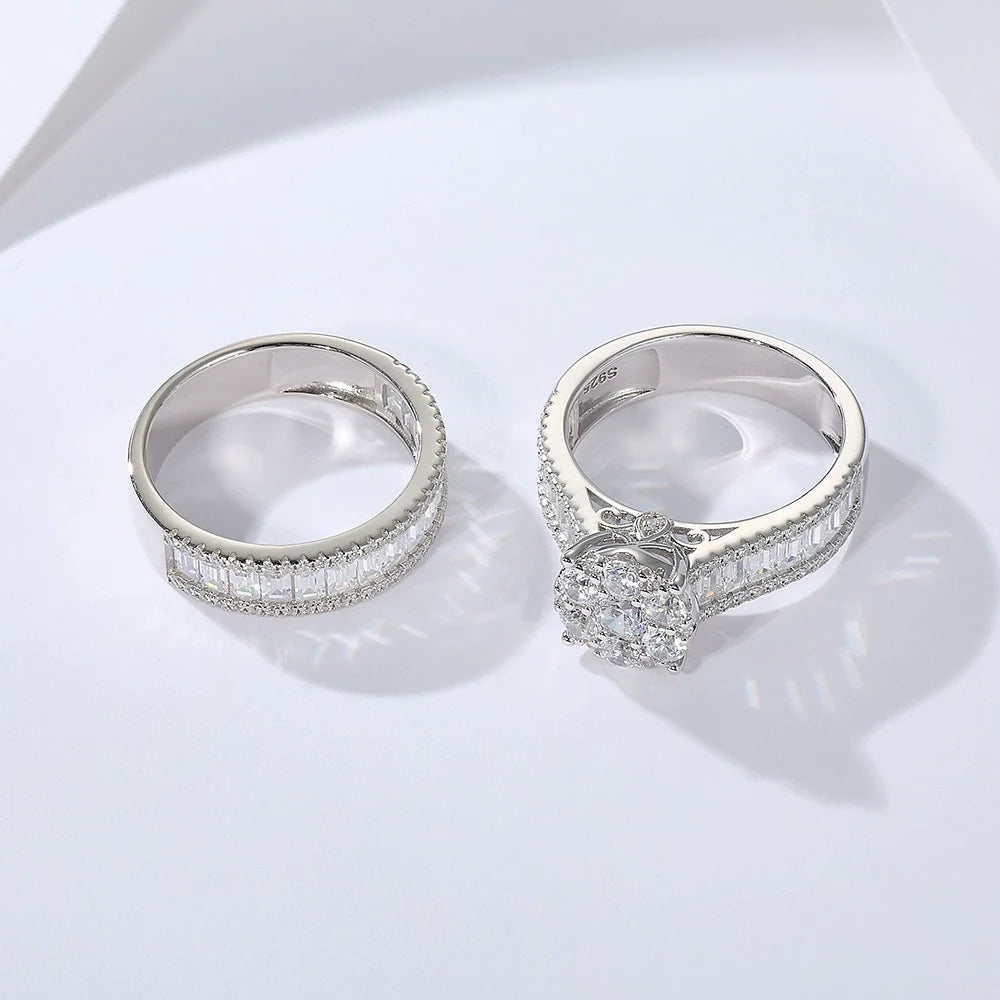Sculpted Round Cut 2.0ct Pave Ring Sets In Sterling Silver