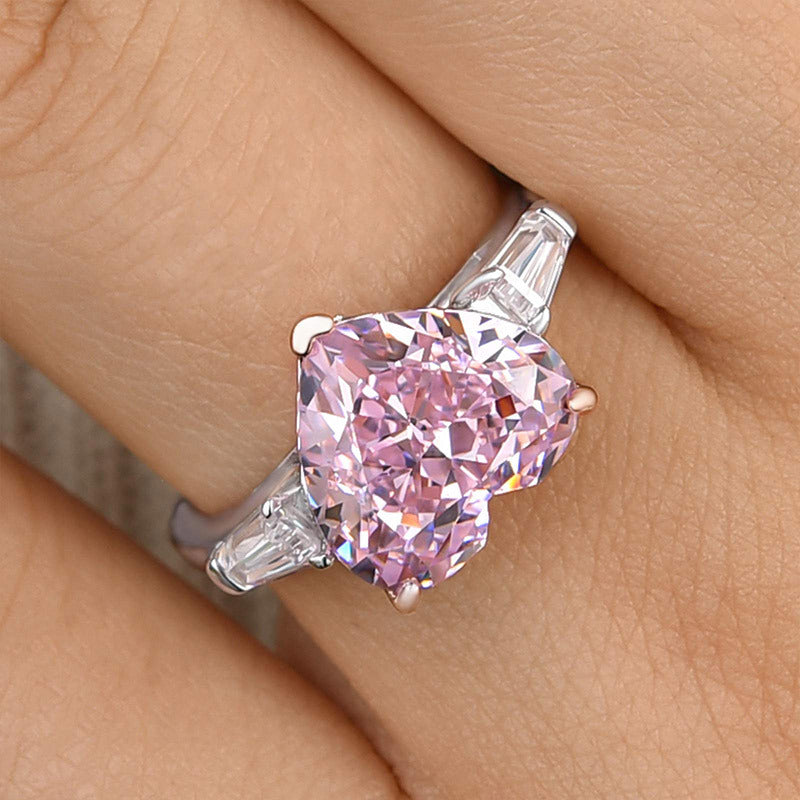 Elegant Three Stone 5.0ct Pink Stone Heart Cut Engagement Ring