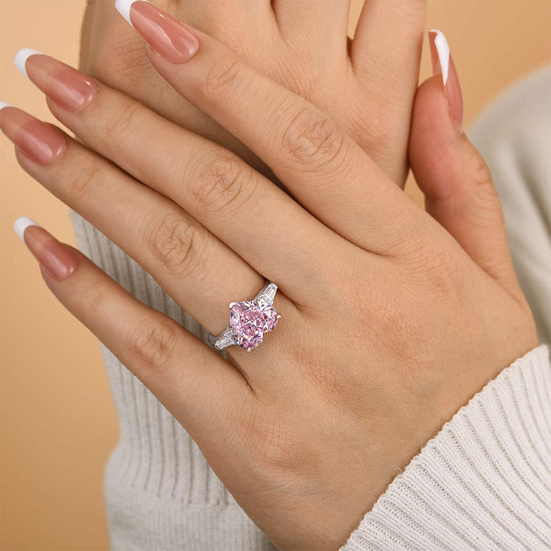 Elegant Three Stone 5.0ct Pink Stone Heart Cut Engagement Ring
